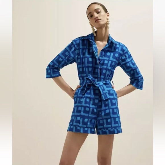 Sika Pants - Sika Anthropologie Romper Sz 10‎ Geometric Blue Jumpsuit Belt Resort